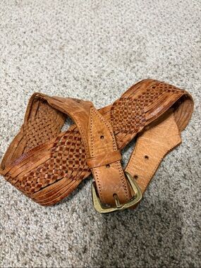 Braided Fringe Leather Waist Belt - Cognac Brown